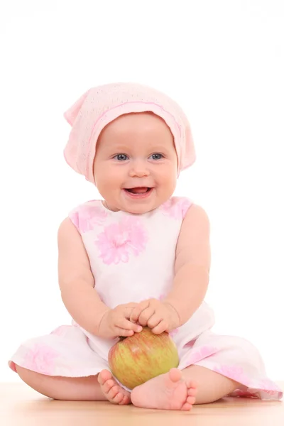 Mois Bébé Fille Avec Pomme Rouge Isolé Sur Blanc — Photo