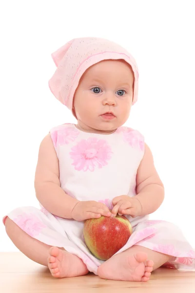 Miesięcy Córeczkę Czerwone Jabłko Białym Tle — Zdjęcie stockowe