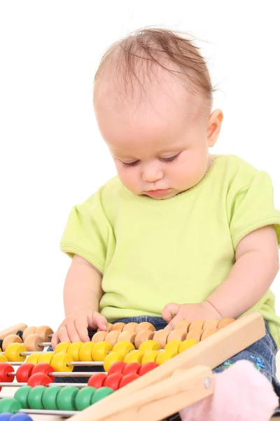 Månader Baby Flicka Med Abacus Isolerad Vit — Stockfoto