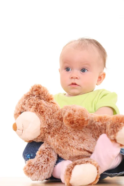Meses Bebê Menina Com Ursinho Isolado Branco — Fotografia de Stock