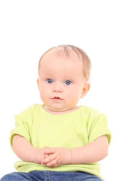 Månader Baby Flicka Med Nalle Isolerad Vit — Stockfoto