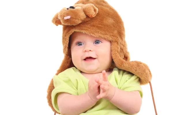 Bebek Kız Komik Şapkalı Beyaz Izole — Stok fotoğraf