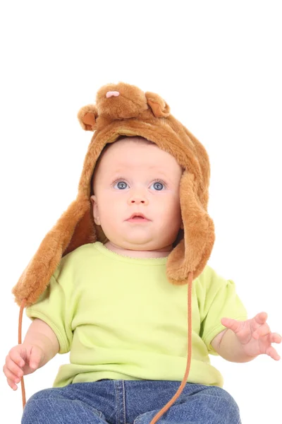 Monate Baby Mädchen Mit Lustigem Hut Isoliert Auf Weiß — Stockfoto