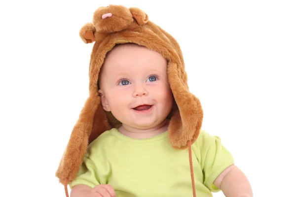 Bebek Kız Komik Şapkalı Beyaz Izole — Stok fotoğraf