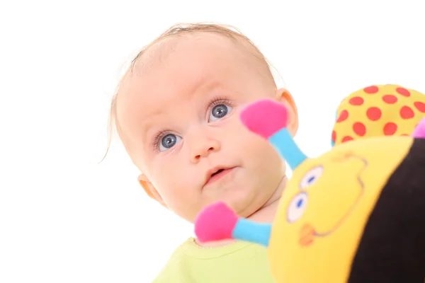 Meses Bebê Menina Com Brinquedo Isolado Branco — Fotografia de Stock