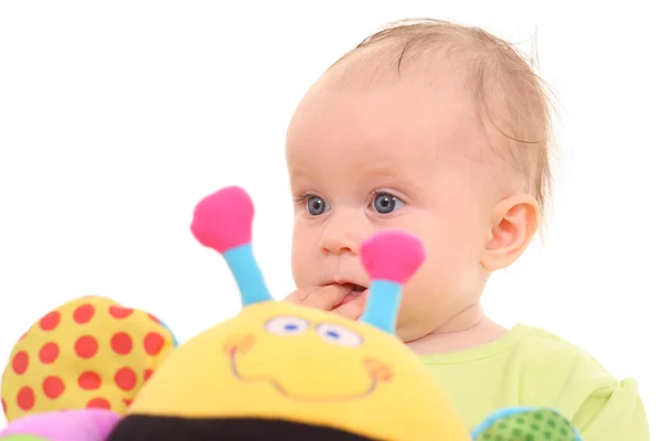 Meses Bebê Menina Com Brinquedo Isolado Branco — Fotografia de Stock