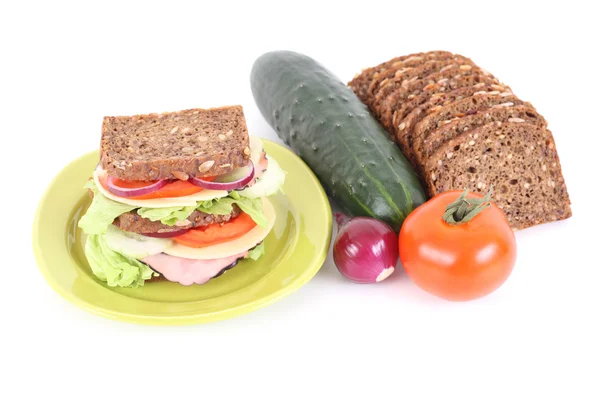 Μεγάλη Σάντουιτς Και Όλα Όσα Χρειάζεστε Για Έχουν Νόστιμο Πρωινό — Φωτογραφία Αρχείου