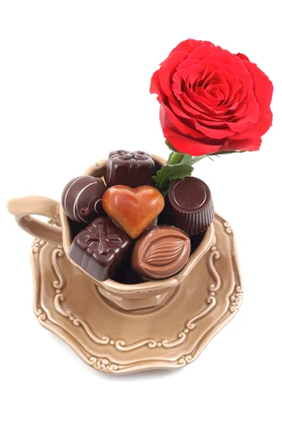 Xícara Deliciosos Chocolates Amo Perfet Para Dia Dos Namorados Aniversário — Fotografia de Stock