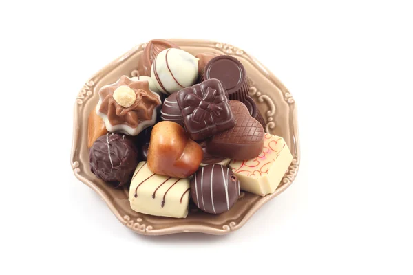 Various Delicious Pralines Plate Isolated White — Stock Photo, Image