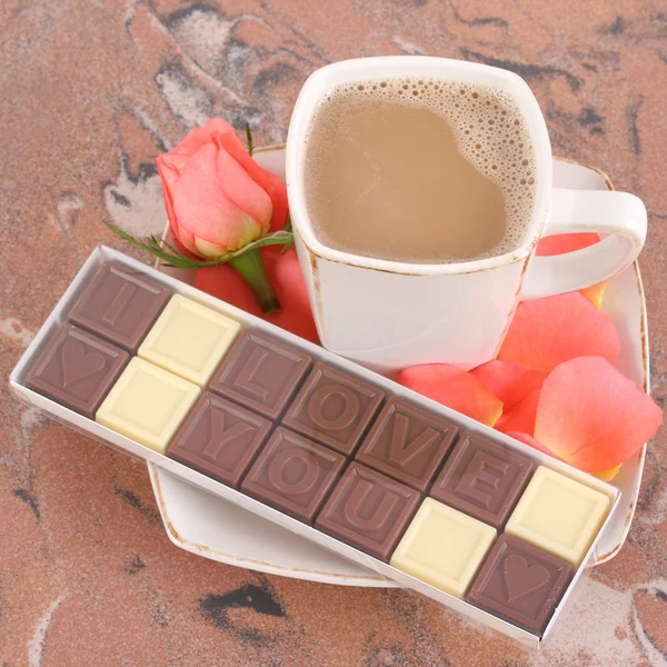 Taza Café Caja Chocolates Amo Perfeccione Para Día San Valentín —  Fotos de Stock