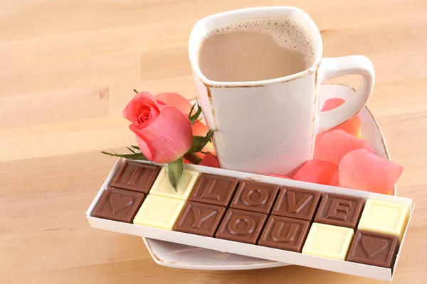 Taza Café Caja Chocolates Amo Perfeccione Para Día San Valentín —  Fotos de Stock