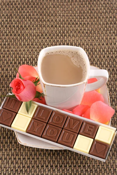 Taza Café Caja Chocolates Amo Perfeccione Para Día San Valentín — Foto de Stock