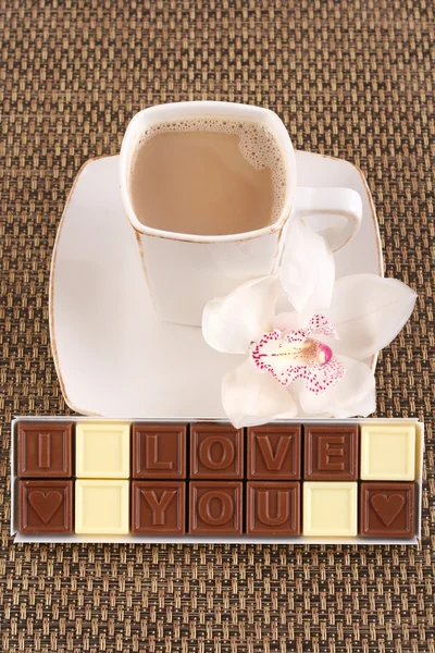 Filiżankę Kawy Pudełko Czekoladek Kocham Cię Perfet Walentynki Lub Urodziny — Zdjęcie stockowe
