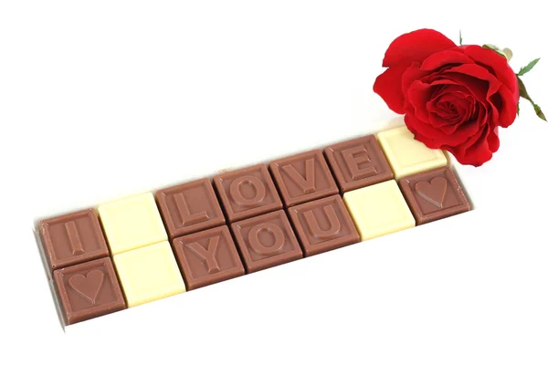 框的巧克力我爱你和白色兰花 — 图库照片