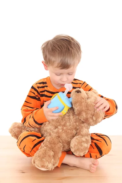 Jahre Alter Junge Pyjama Mit Seinem Teddy Bereit Zum Schlafen — Stockfoto