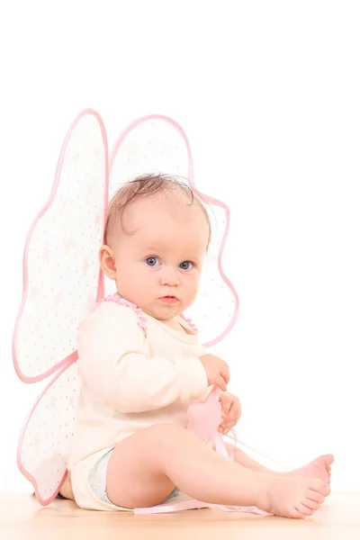 Kleine Engel Maanden Weinig Baby Meisje Met Roze Vleugels — Stockfoto