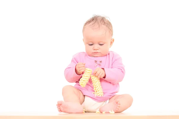 Lilla Månader Baby Flicka Med Mellanmål Isolerad Vit — Stockfoto