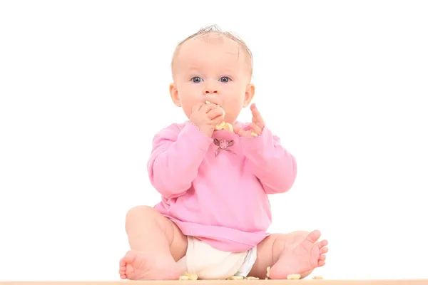 Kleine Monate Kleine Mädchen Mit Snack Isoliert Auf Weiß — Stockfoto