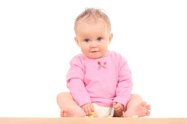 Lilla Månader Baby Flicka Med Mellanmål Isolerad Vit — Stockfoto