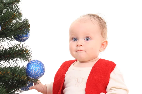 Entzückende Monate Baby Mädchen Und Weihnachtsbaum Isoliert Auf Weiß — Stockfoto