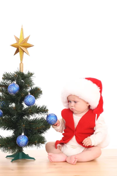 Schattig Maanden Baby Meisje Kerstboom Geïsoleerd Wit — Stockfoto