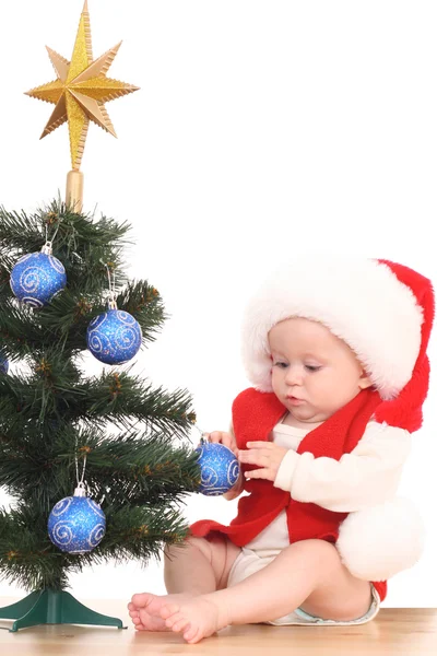 Adorable Bebé Meses Árbol Navidad Aislado Blanco — Foto de Stock