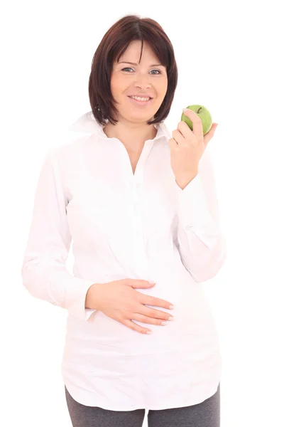 年轻美丽的孕妇与孤立在白色的苹果 — 图库照片