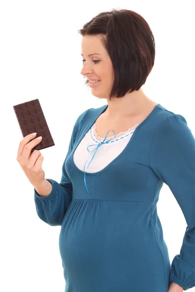 Νεαρή Όμορφη Έγκυος Γυναίκα Σοκολάτα Που Απομονώνονται Λευκό — Φωτογραφία Αρχείου