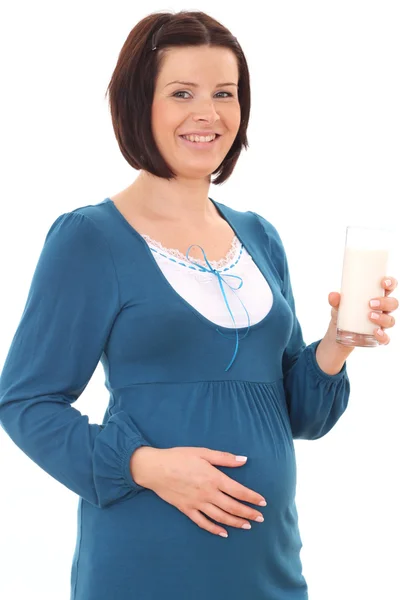 Young Beautiful Pregnant Woman Glass Milk Isolated White — Stock Photo, Image