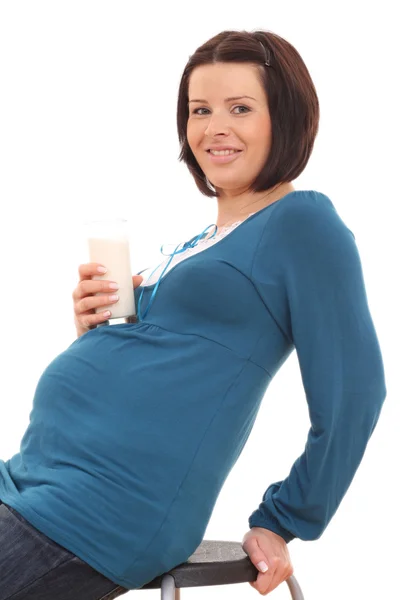 Young Beautiful Pregnant Woman Glass Milk Isolated White — Stock Photo, Image