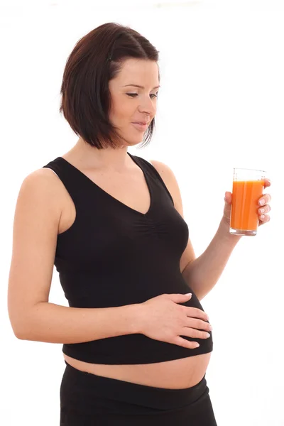Νεαρή Όμορφη Έγκυος Γυναίκα Ποτήρι Χυμό Καρότο Που Απομονώνονται Λευκό — Φωτογραφία Αρχείου