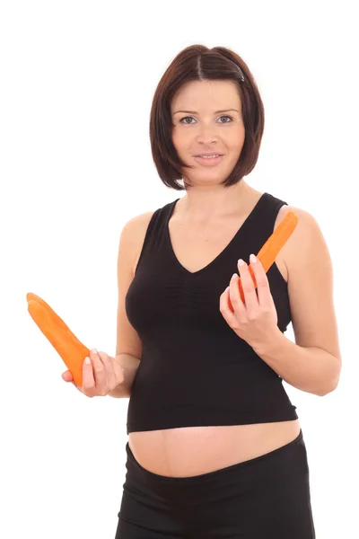 Young Beautiful Pregnant Woman Fresh Carrots Isolated White — Stock Photo, Image