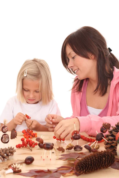 Mother Daughter Making Autumn Decoration Isolated White — Stock Photo, Image