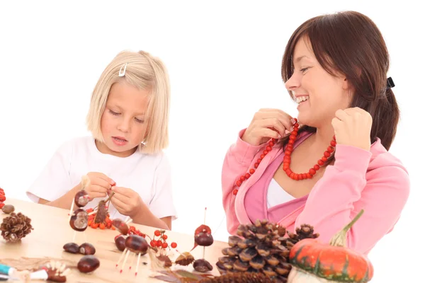 Mother Daughter Making Autumn Decoration Isolated White — Stock Photo, Image