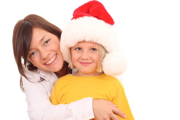 Mãe Anos Idade Menina Divertindo Chapéu Natal Isolado Branco — Fotografia de Stock