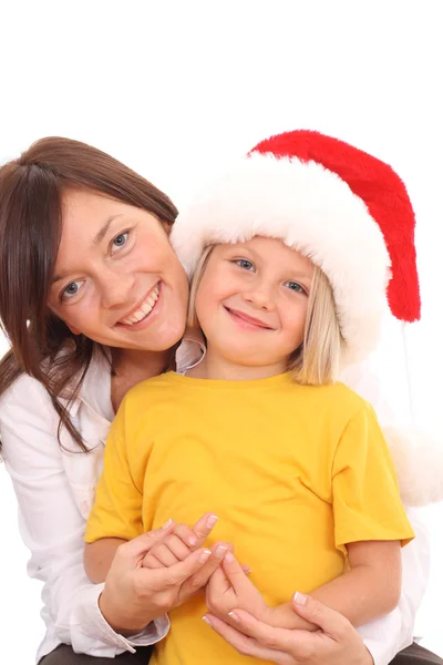Mutter Und Jahre Altes Mädchen Haben Spaß Weißer Weihnachtsmütze — Stockfoto