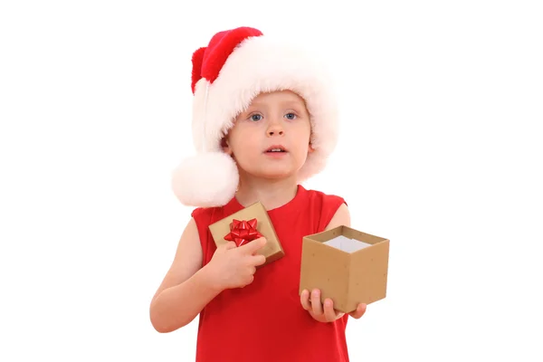 Adorável Menino Anos Idade Chapéu Natal Vermelho Isolado Branco — Fotografia de Stock