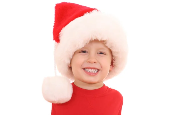 Adorável Menino Anos Idade Chapéu Natal Vermelho Isolado Branco — Fotografia de Stock