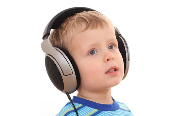 Lindo Niño Años Escuchando Música Aislada Blanco —  Fotos de Stock