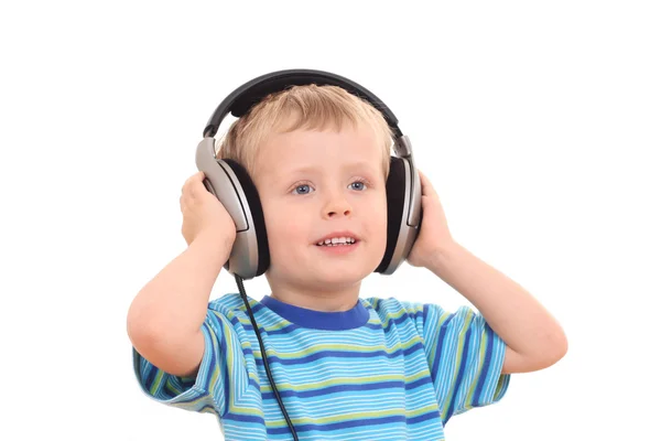 Schattig Jaar Oude Jongen Luisteren Muziek Geïsoleerd Wit — Stockfoto