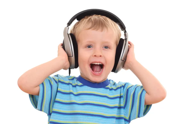 Sevimli Yaşında Çocuğu Dinleme Müzik Üzerine Beyaz Izole — Stok fotoğraf