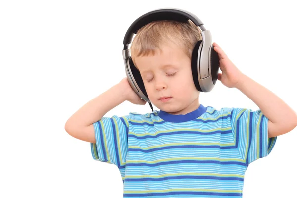 Sevimli Yaşında Çocuğu Dinleme Müzik Üzerine Beyaz Izole — Stok fotoğraf