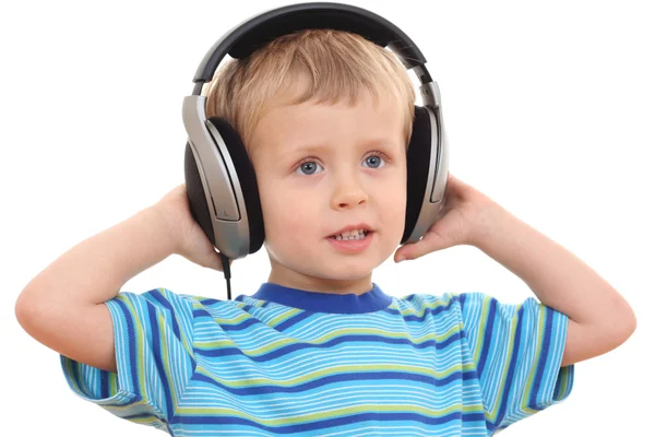 Милий Річний Хлопчик Слухає Музику Ізольовано Білому — стокове фото