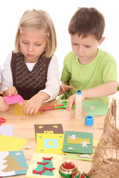 Mother Children Making Christmas Cards All Cards Made Mother Children — Stockfoto