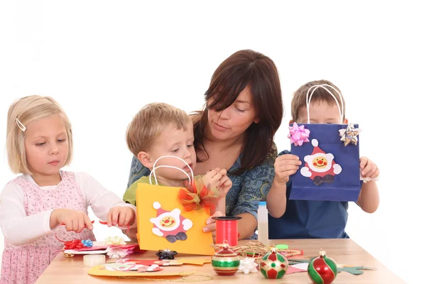 Mother Children Making Christmas Decoration All Decorations Made Mother Children — Φωτογραφία Αρχείου