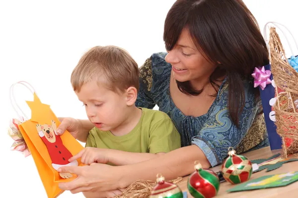Mother Child Making Christmas Decorations All Cards Made Mother Children — Φωτογραφία Αρχείου