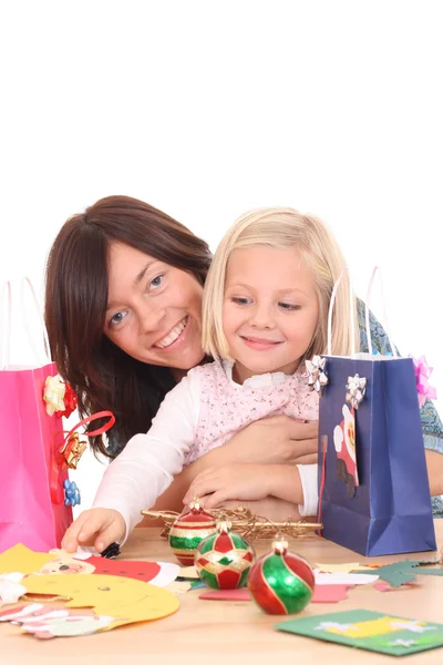 Mother Years Old Girl Making Christmas Decoration All Decorations Made — Stock Photo, Image