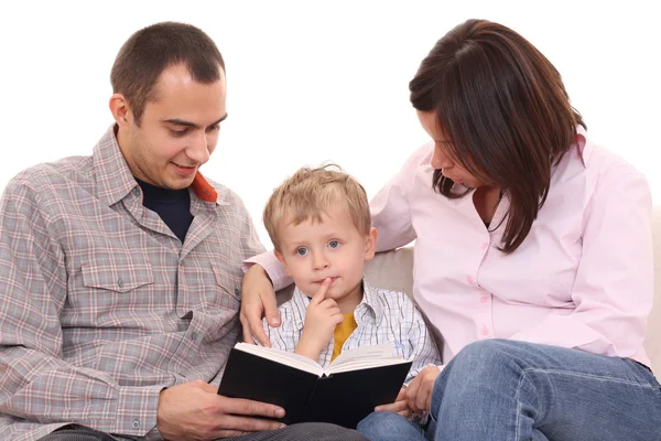 父亲的母亲和 年旧的孩子读本书上白色隔离 — 图库照片