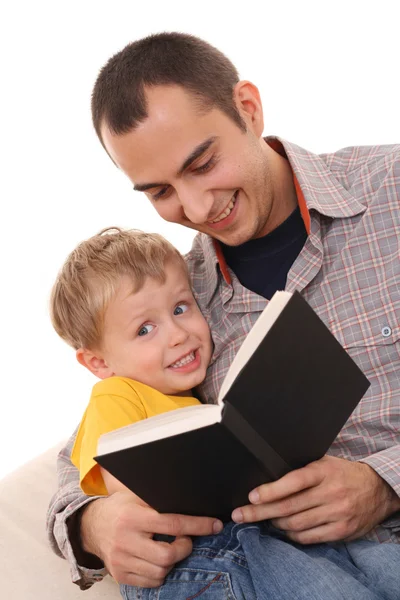 Отец Лет Ребенок Читает Книгу Изолированы Белому — стоковое фото