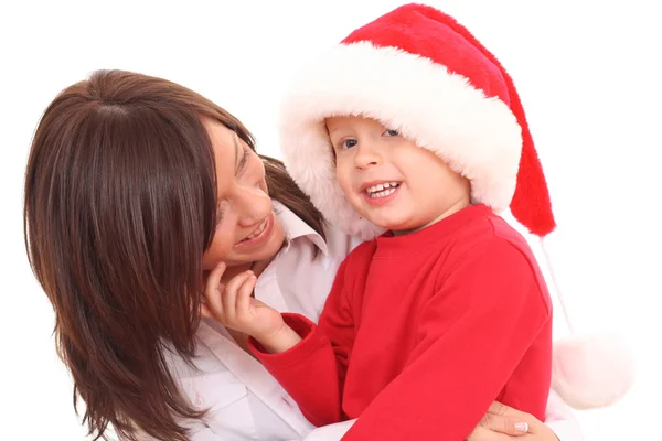 Anne Yıl Yaşlı Oğlu Noel Şapka Üzerine Beyaz Izole Eğleniyor Telifsiz Stok Fotoğraflar